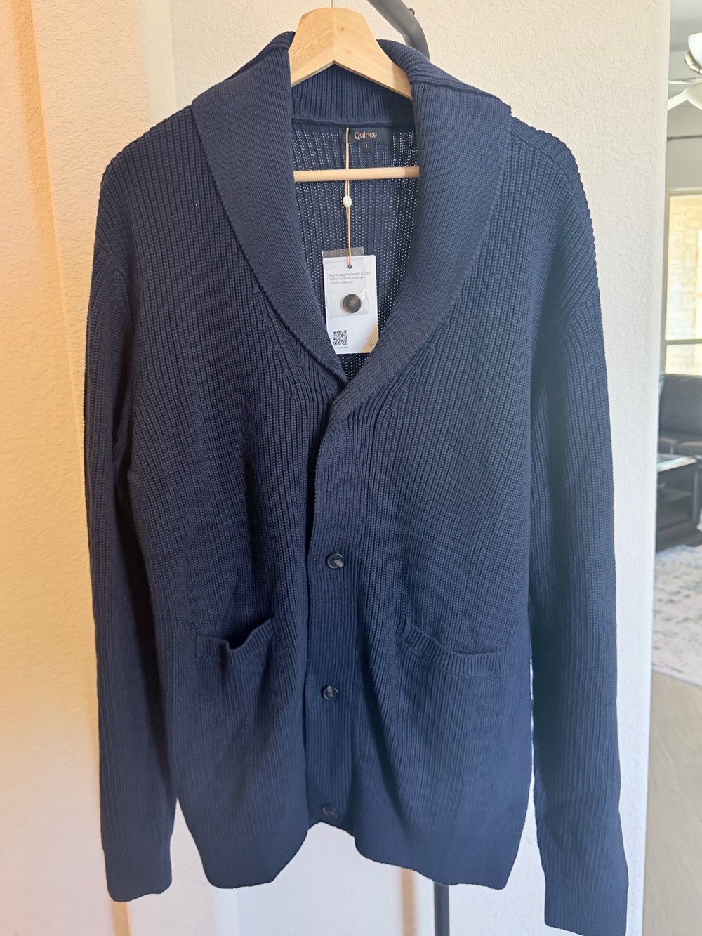 Quince Men's 100% Organic Cotton Ribbed Stitch Navy Blue Shawl-Collar Cardigan L